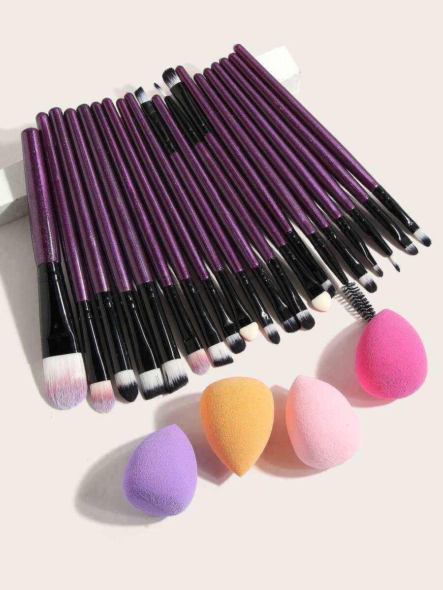 MAANGE 20支专业化妆刷套装+4个化妆海绵，柔软刷毛，方便携带，包含粉底刷、眼影刷、眉刷，旅行化妆刷套装，化妆刷套装，化妆刷组合，化妆刷套装，全套化妆工具，化妆刷套装，化妆套装，化妆礼盒套装 - 紫色 - 查看 1