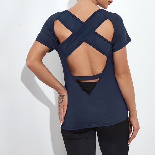 

Criss Cross Back Peekaboo Sports Tee, Navy blue