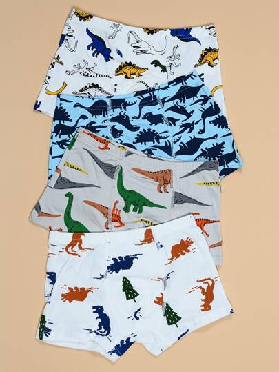سروال داخلي بوكسر بطباعة ديناصور 4 قطع للأولاد الصغار