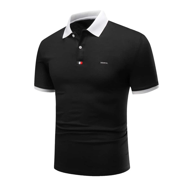 

Men Contrast Collar Embroidery Polo Shirt, Black