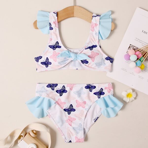 

Girls Butterfly Print Ruffle Bikini Swimsuit, Multicolor