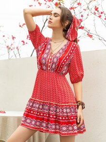 Rusttydustty Đầm Viên lá sen Bộ lạc Boho - Đỏ - Xem 1