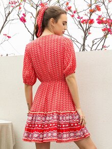 Rusttydustty Đầm Viên lá sen Bộ lạc Boho - Đỏ - Xem 2