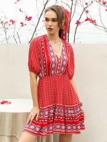 Rusttydustty Đầm Viên lá sen Bộ lạc Boho - Đỏ - Xem 3