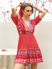 Rusttydustty Đầm Viên lá sen Bộ lạc Boho - Đỏ - Xem 4