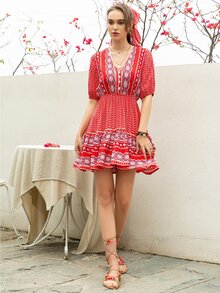 Rusttydustty Đầm Viên lá sen Bộ lạc Boho - Đỏ - Xem 5