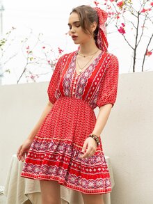 Rusttydustty Đầm Viên lá sen Bộ lạc Boho - Đỏ - Xem 6