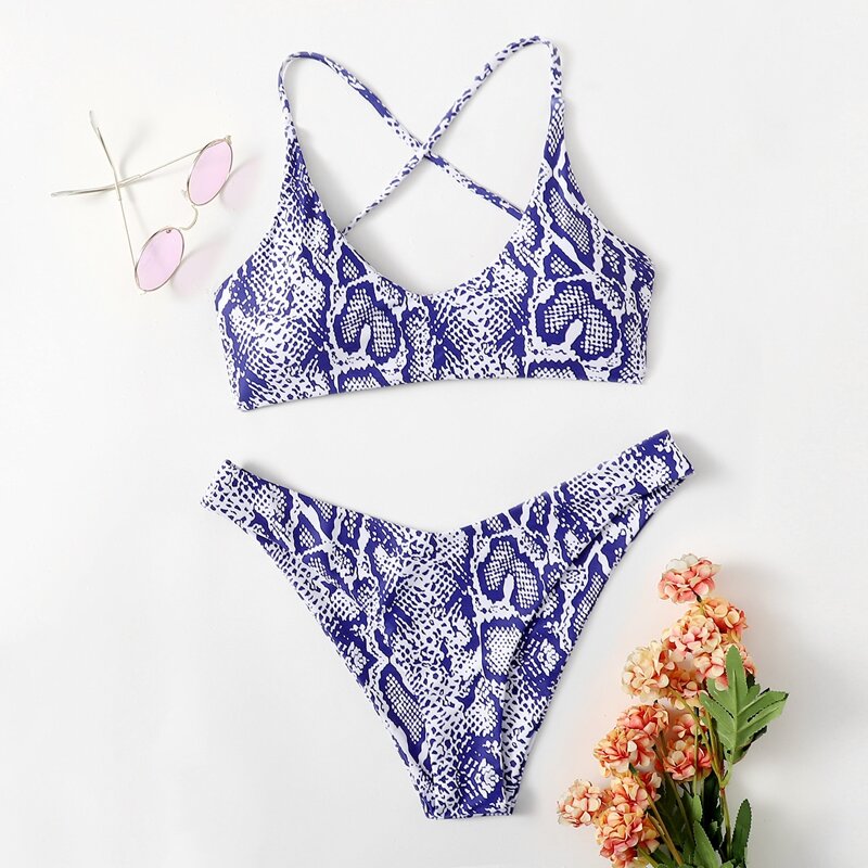 

Snakeskin Print High Cut Bikini Swimsuit, Violet purple