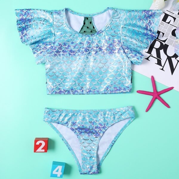 

Girls Fish Scales Ruffle Bikini Swimsuit, Blue