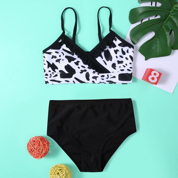 

Girls Cow Pattern High Waisted Bikini Swimsuit, Black and white