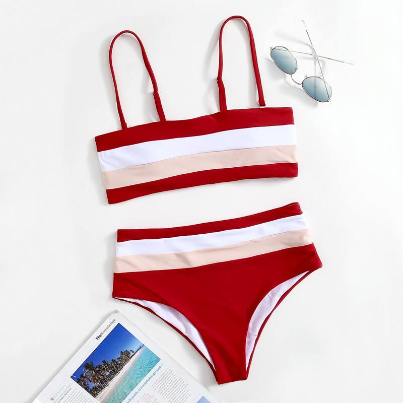 

Striped High Waist Bikini Swimsuit, Multicolor