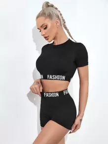 Easithlete 2 bộ tập chạy bộ băng chữ cái áo crop top & quần đùi Biker - màu đen - Xem 5