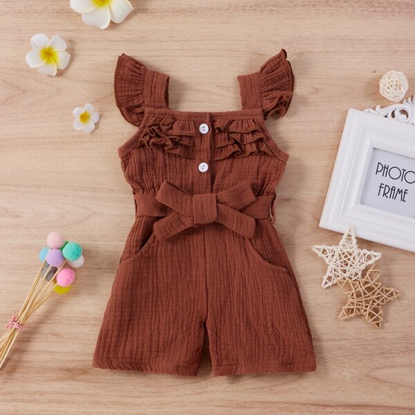 

Baby Girl Tiered Ruffle Belted Romper, Coffee brown