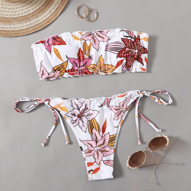 

Floral Frill Tie Side Bikini Swimsuit, Multicolor