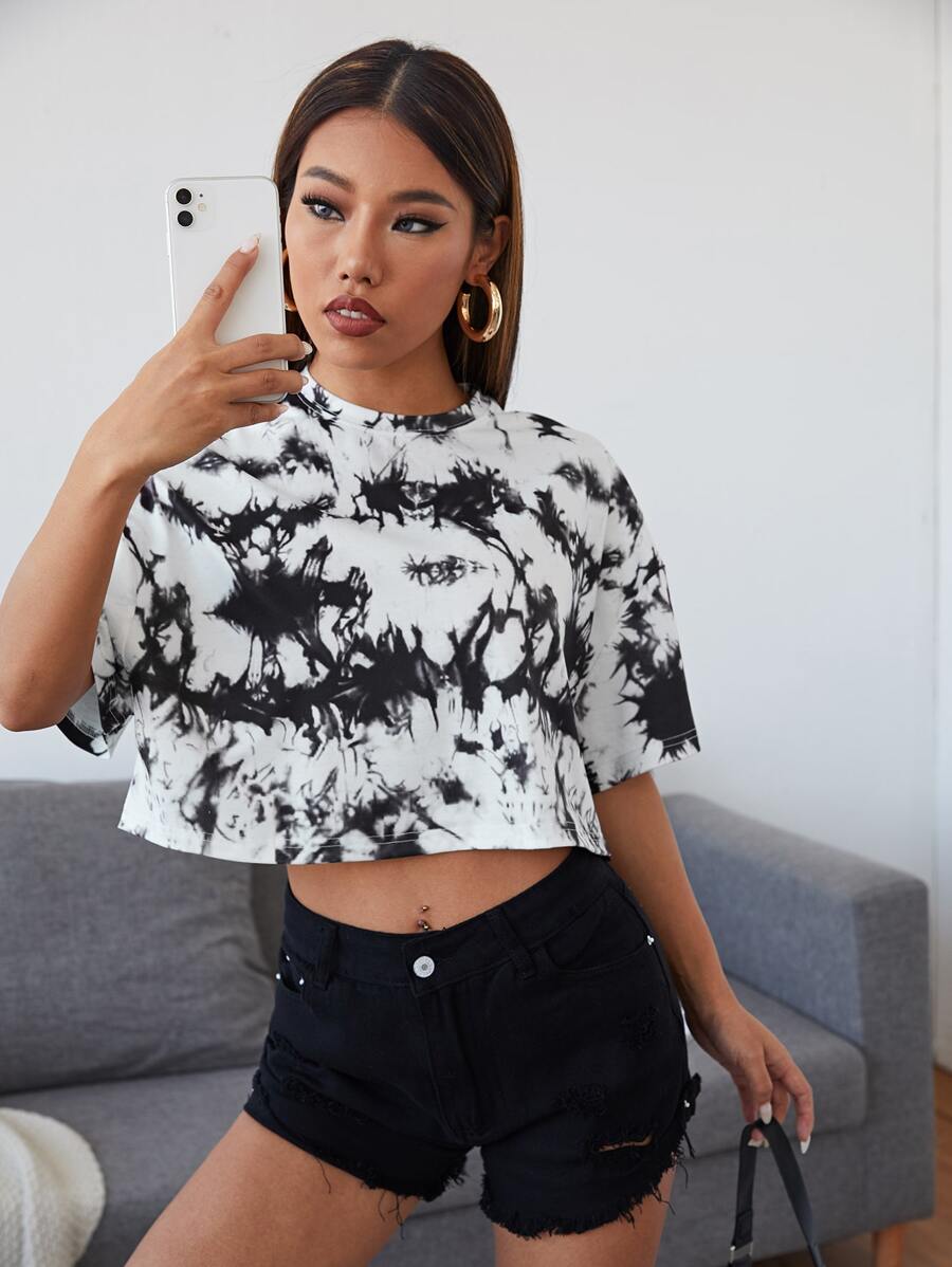 SHEIN EZwear Drop Shoulder Tie Dye Crop Tee - Black and White - View 1