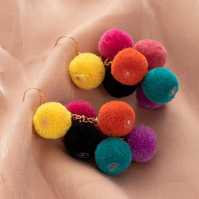 

Colorful Pom Pom Drop Earrings, Multicolor