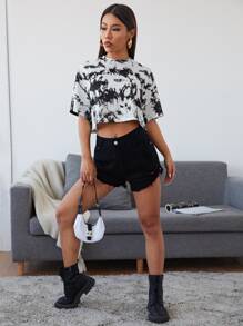 SHEIN EZwear Drop Shoulder Tie Dye Crop Tee - Black and White - View 4