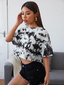 SHEIN EZwear Drop Shoulder Tie Dye Crop Tee - Black and White - View 5