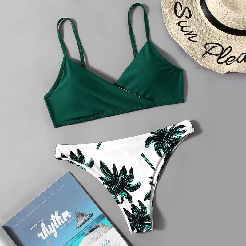 

Tropical Print Wrap Bikini Swimsuit, Green