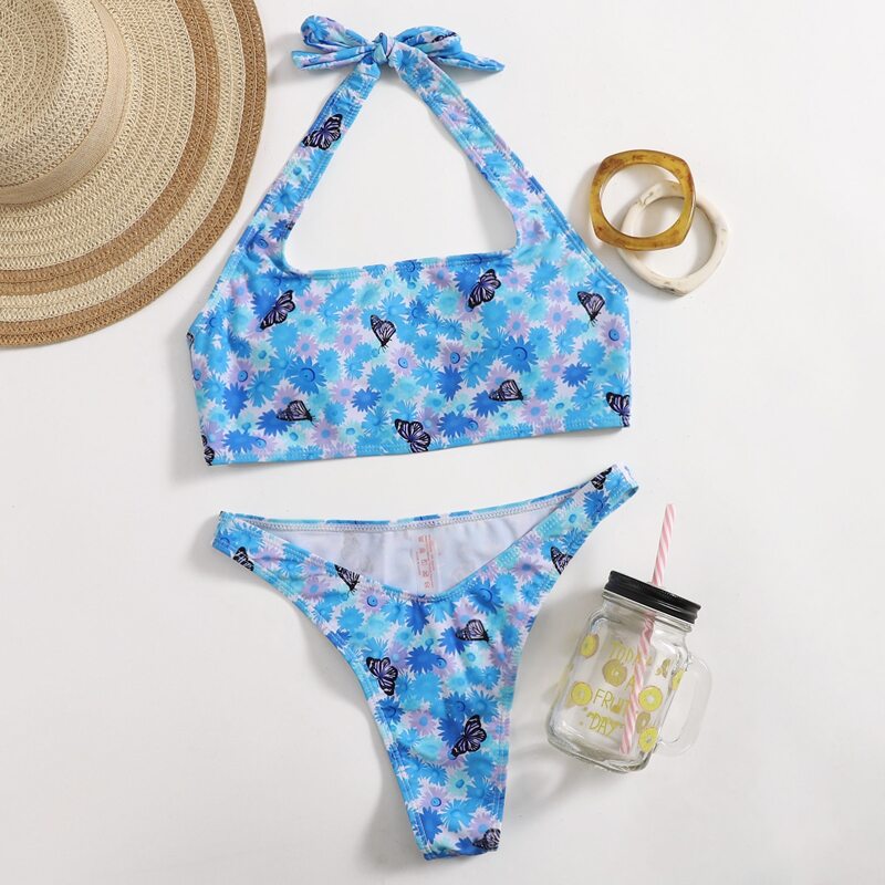 

Floral Butterfly Print High Cut Bikini Swimsuit, Blue