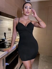 SHEIN SXY Đầm xoắn lại màu trơn Gợi cảm - màu đen - Xem 1