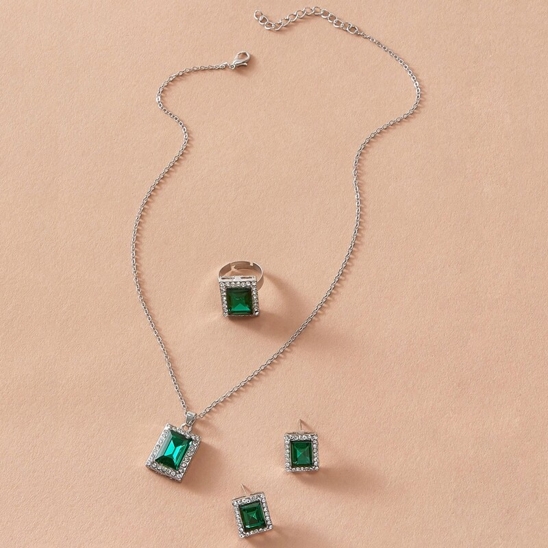 

4pcs Square Rhinestone Jewelry Set, Green
