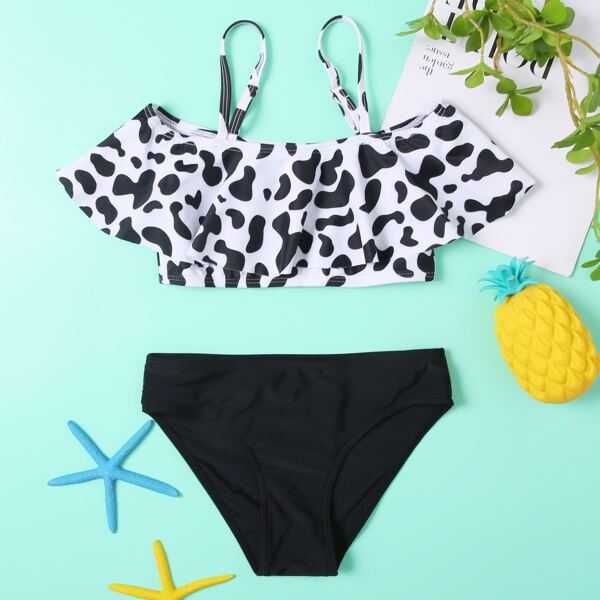 

Girls Graphic Ruffle Hem Bikini Swimsuit, Black and white