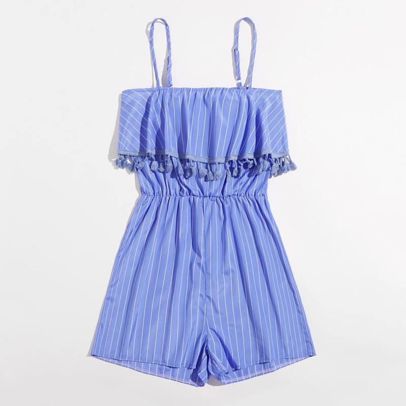 

Striped Ruffle Tassel Romper, Blue