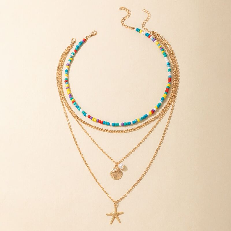 

2pcs Starfish & Shell Charm Necklace, Multicolor