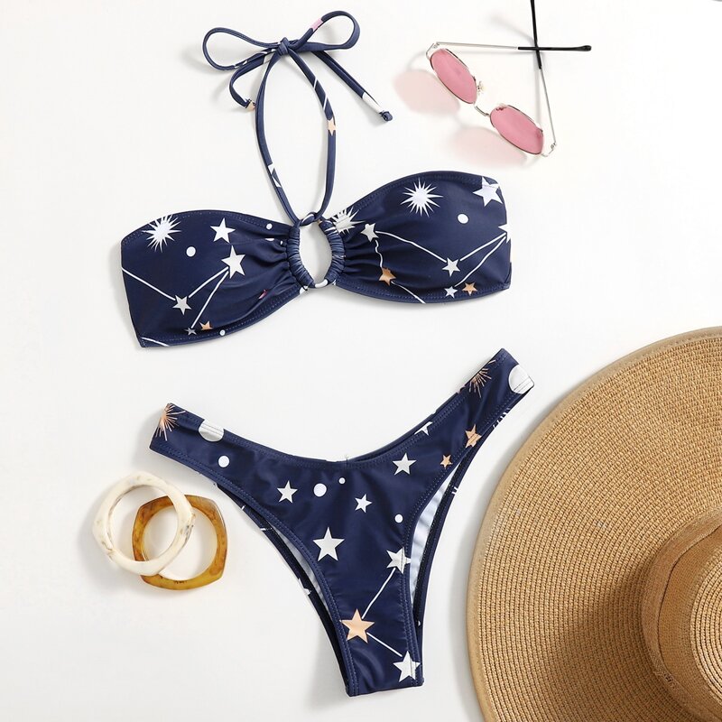 

Galaxy Print High Cut Bikini Swimsuit, Navy blue