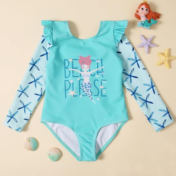

Toddler Girls Mermaid Pattern One Piece Swimsuit, Blue