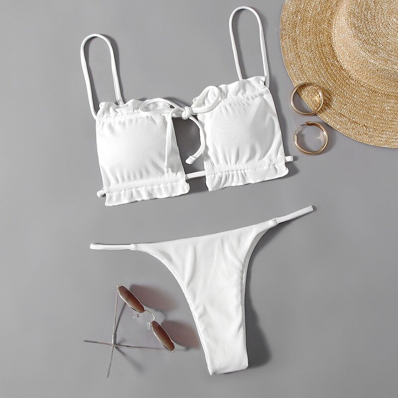 

Ruffle Thong Bikini Swimsuit, White