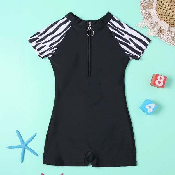 

Girls Zebra Striped Pattern One Piece Swimsuit, Black and white