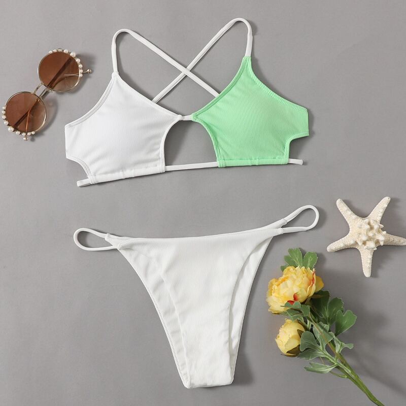 

Colorblock Cut-out Thong Bikini Swimsuit, Multicolor