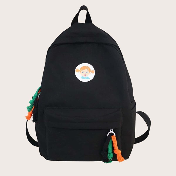 

Girls Cartoon Decor Pocket Front Backpack, Black