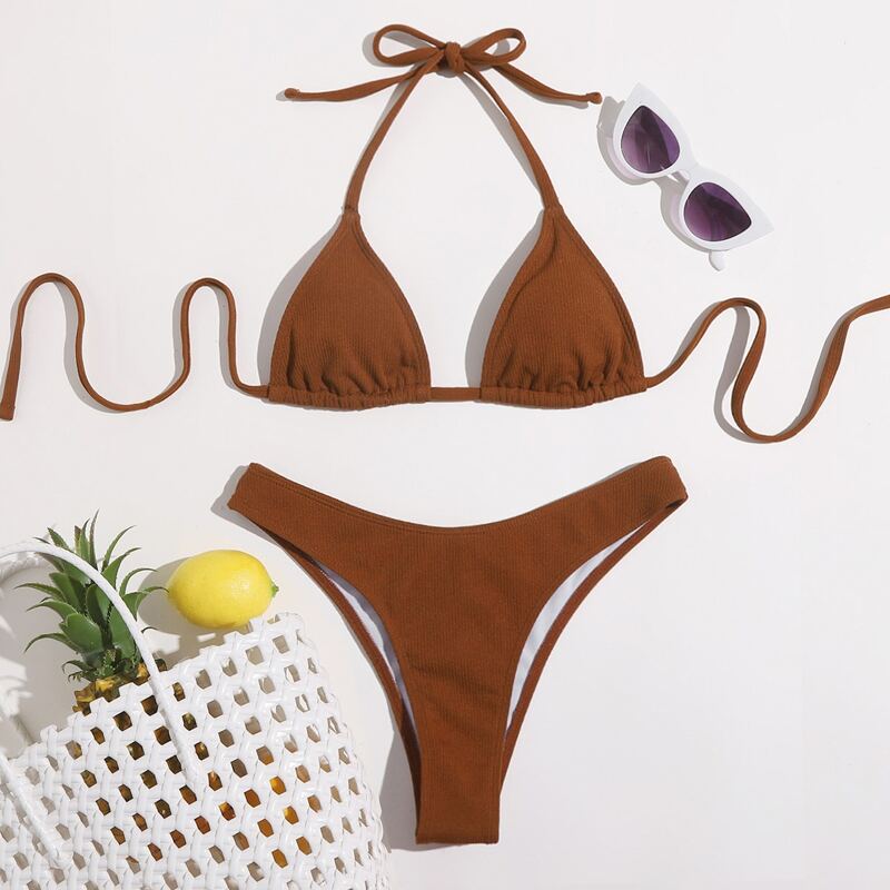 

Triangle High Cut Bikini Swimsuit, Rust brown