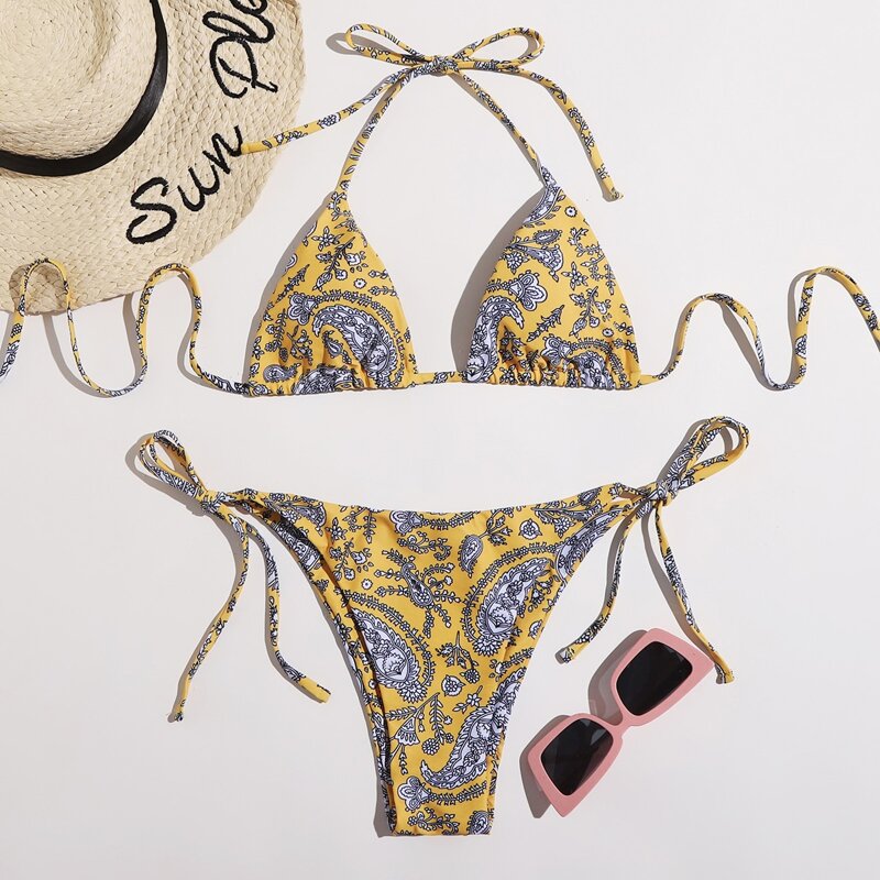 

Paisley Print Tie Side Bikini Swimsuit, Yellow