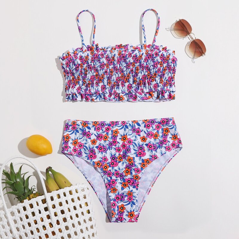 

Floral Shirred High Waist Bikini Swimsuit, Multicolor