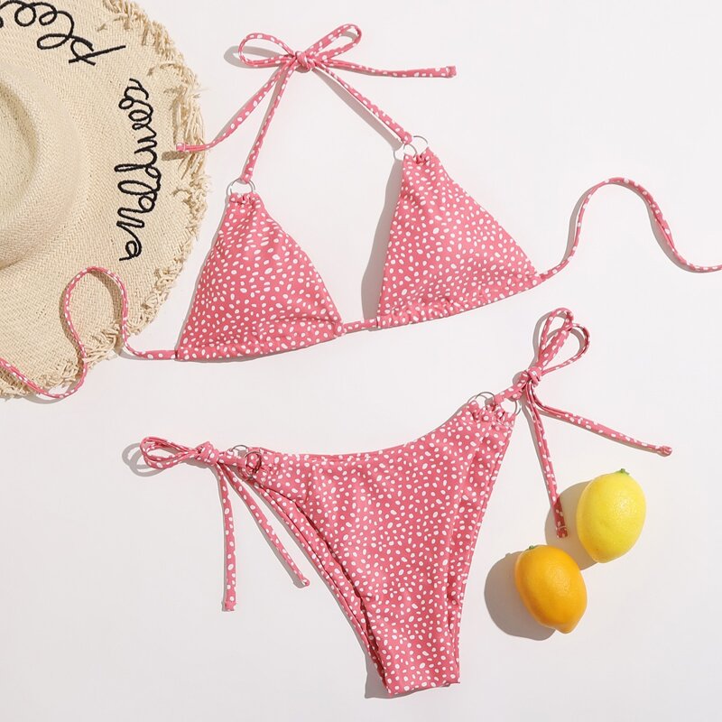 

Allover Print Triangle Bikini Swimsuit, Pink