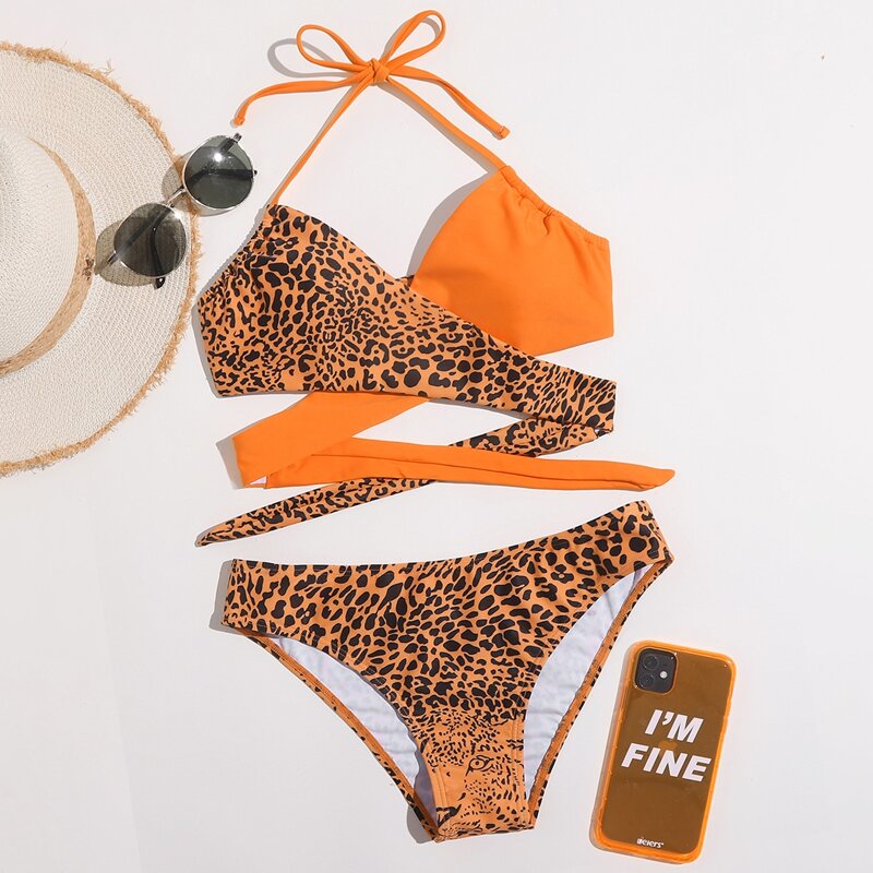 

Colorblock Leopard Criss Cross Bikini Swimsuit, Multicolor