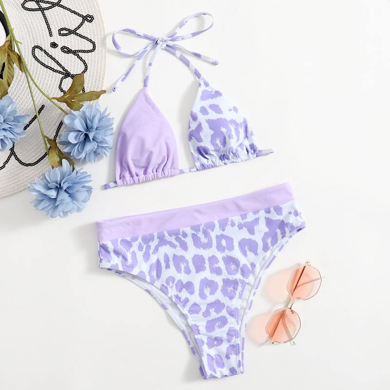 Contrast Leopard High Waist Bikini Swimsuit, Multicolor