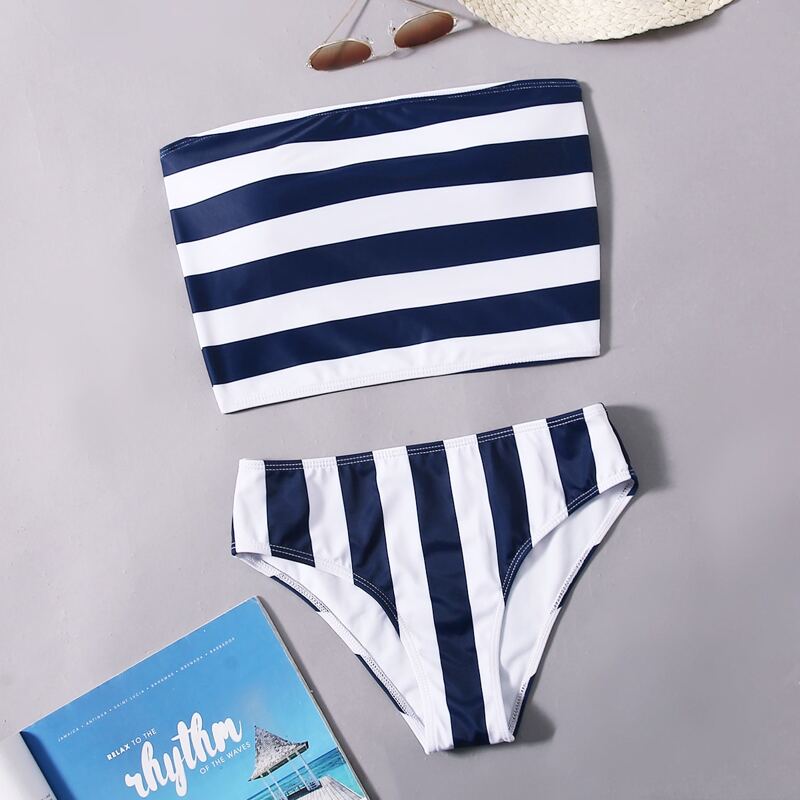 

Striped Bikini Swimsuit, Blue and white