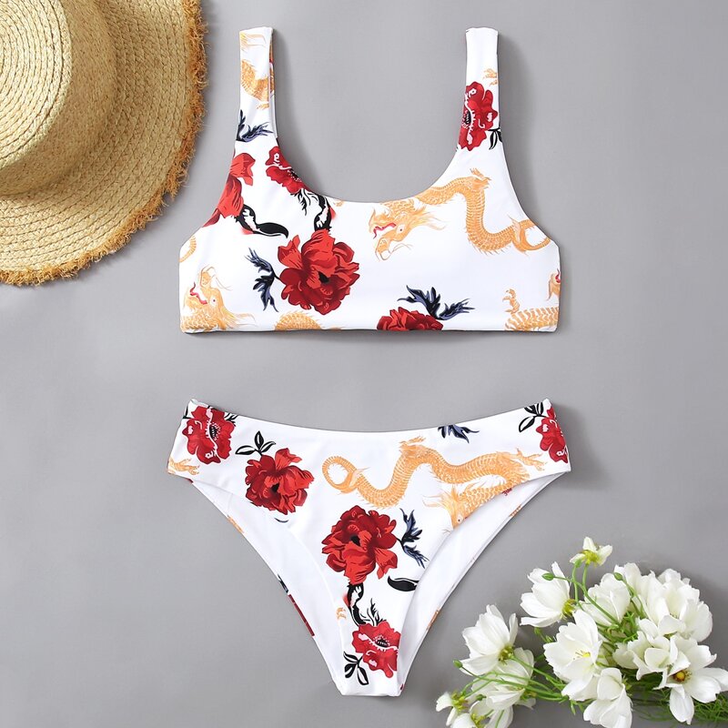

Floral & Chinese Dragon Print Bikini Swimsuit, Multicolor