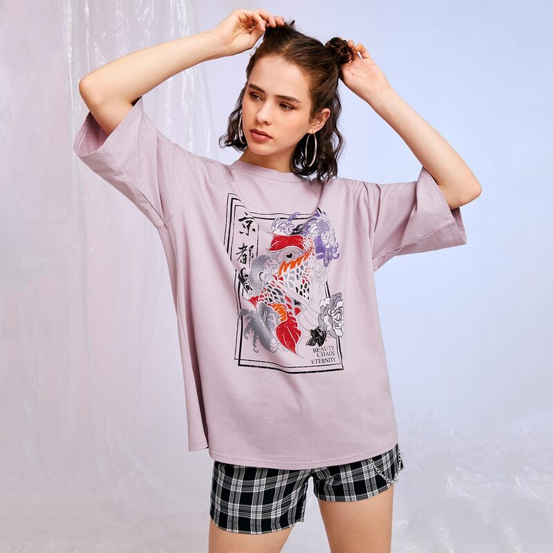 

Animal & Floral Pattern Oversized Tee, Mauve purple