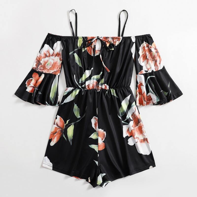 

Floral Print Cold Shoulder Romper, Multicolor