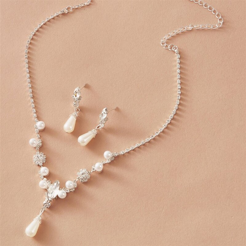 

3pcs Faux Pearl & Rhinestone Jewelry Set, Silver