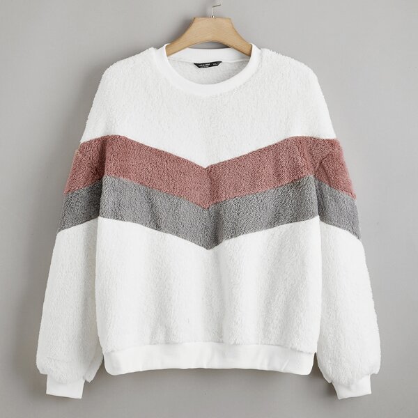 

Plus Colorblock Chevron Teddy Pullover, White