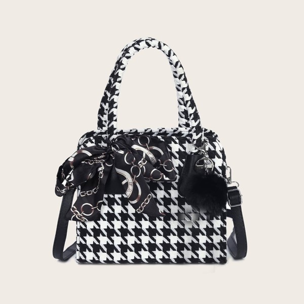 

Twilly Scarf Houndstooth Pattern Satchel Bag, Black and white