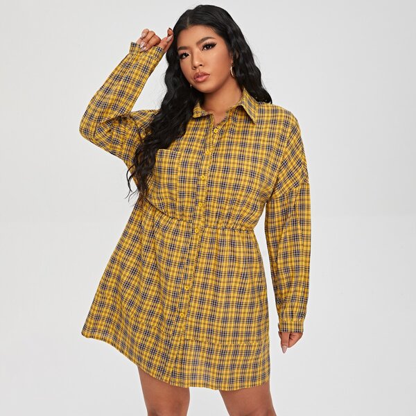 

Plus Plaid Drop Shoulder Shirt Dress, Yellow