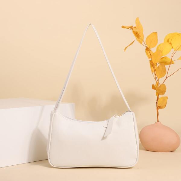 

Plain Zipper Shoulder Bag, White